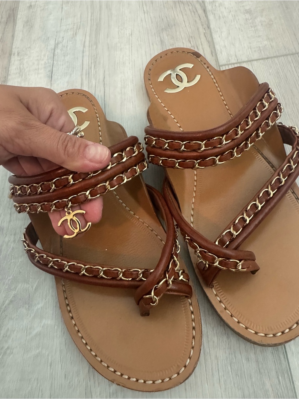 CHANEL Brown Leather Sandals with Gold CC Charm